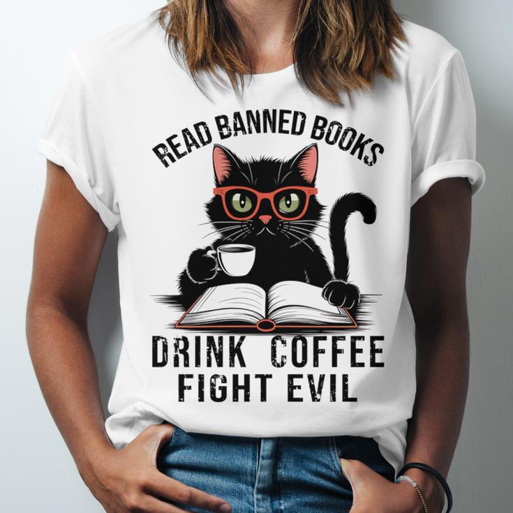 Read Banned Books Drink Coffee Fight Evil Retro Cat Unisex Jersey T-Shirt
