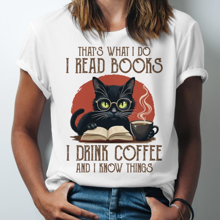 i Read Books And i Know Things Cat Reading Coffee Unisex Jersey T-Shirt