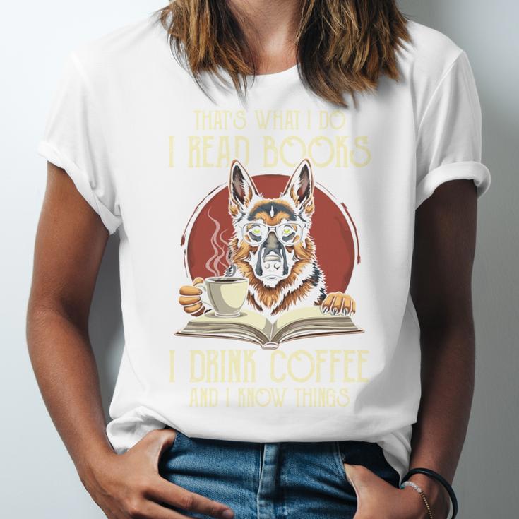 i Read Books And i Know Things German Shepherd Coffee Books Unisex Jersey T-Shirt