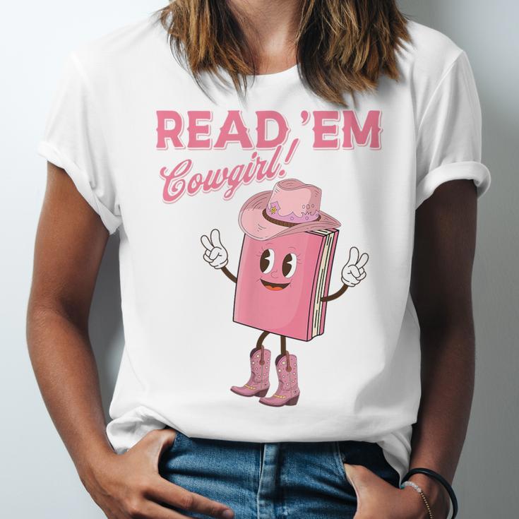Read 'Em Western Cowgirl Retro Groovy Reading Books Unisex Jersey T-Shirt Read 'Em Western Cowgirl Retro Groovy Reading Books Unisex Jersey T-Shirt