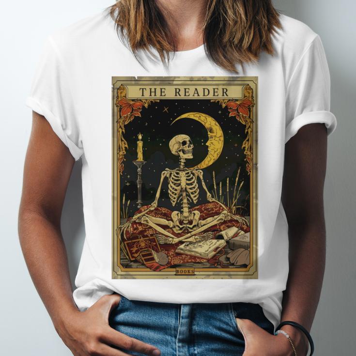 The Reader Tarot Card Book Lover Skeleton Art Goth Style Unisex Jersey T-Shirt