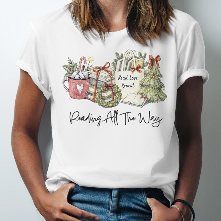 Reading All The Way Christmas Book Lover For Women And Teens Unisex Jersey T-Shirt