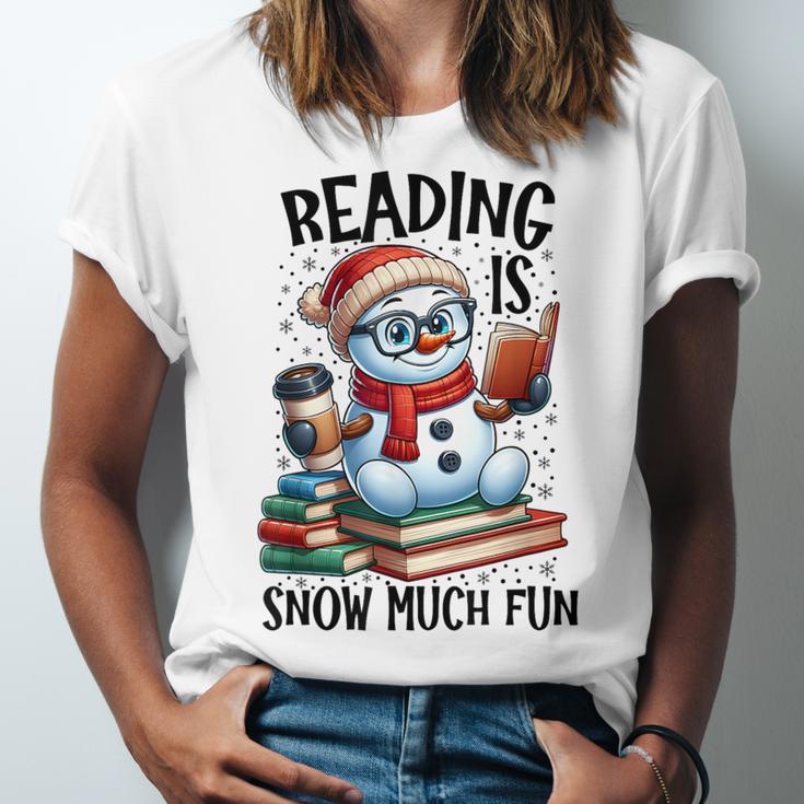 Reading Is Snow Much Fun Christmas Bookworm Snowman Reading Unisex Jersey T-Shirt
