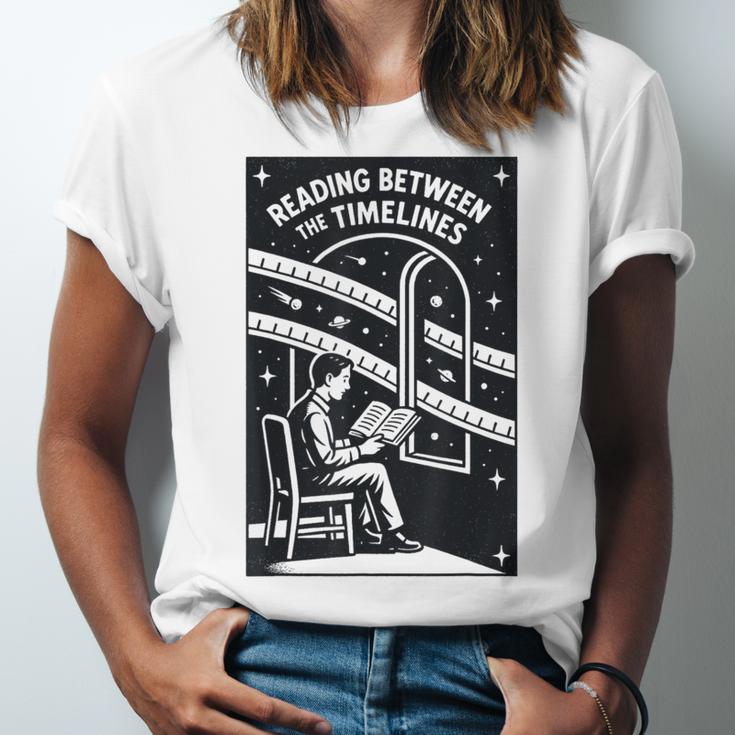 Reading Between The Timelines Time Travel Books Unisex Jersey T-Shirt
