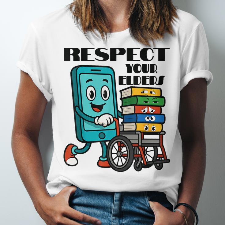 Respect Elders Cellphone Pushing Books In a Wheelchair Unisex Jersey T-Shirt