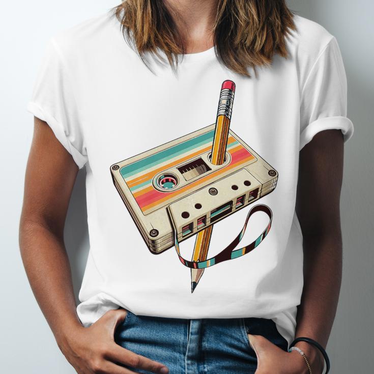 Retro Cassette Tape & Pencil Rewind Nostalgia Party 80s 90s Premium Unisex Jersey T-Shirt