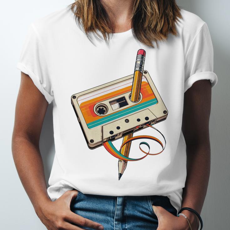 Retro Cassette Tape & Pencil Rewind Nostalgia Party 80s 90s Unisex Jersey T-Shirt