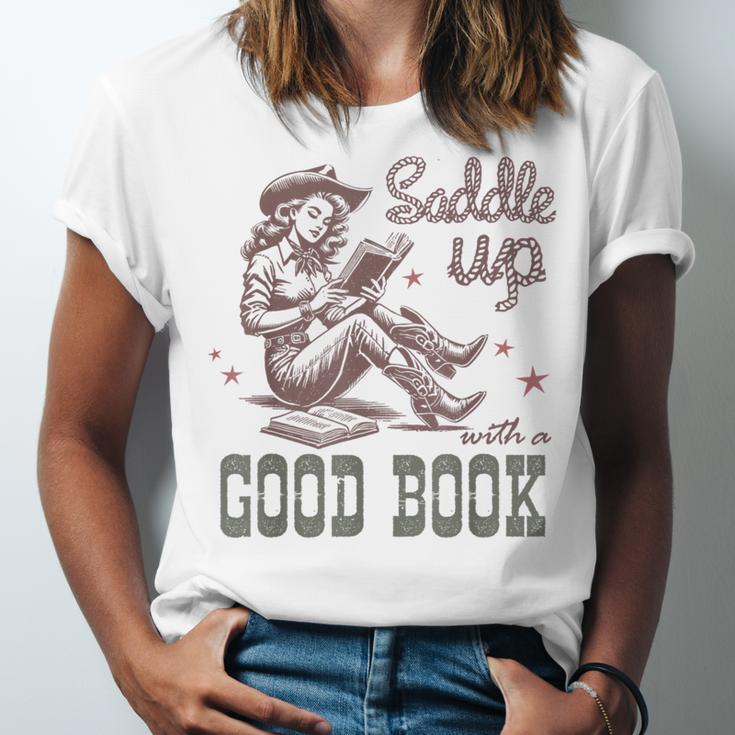 Retro Cowgirl ReadingTee Saddle Up With A Good Book Western Unisex Jersey T-Shirt