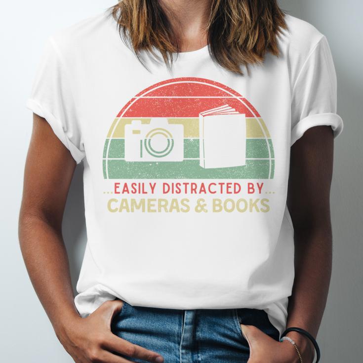 Retro Easily Distracted By Cameras & Books Photography Unisex Jersey T-Shirt Retro Easily Distracted By Cameras & Books Photography Unisex Jersey T-Shirt