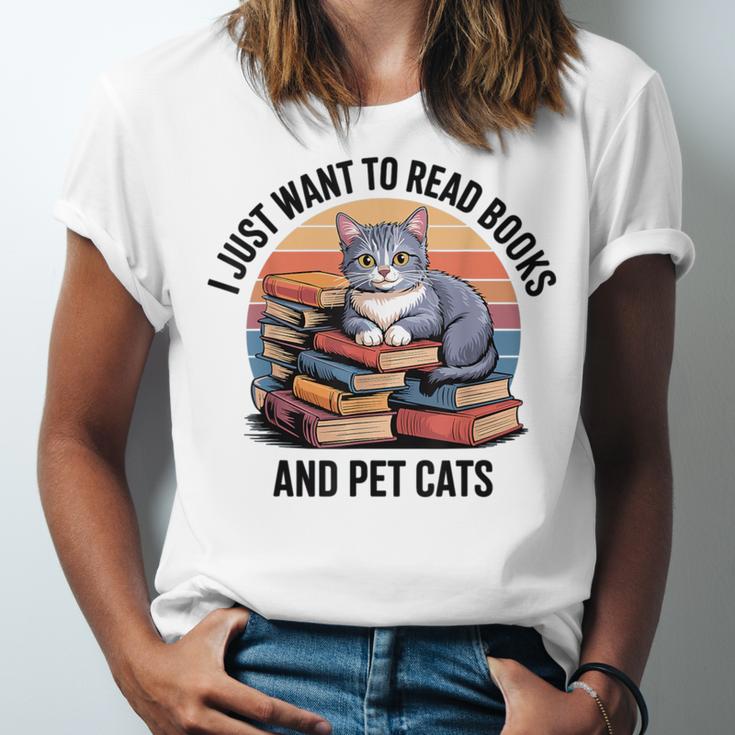 Retro I Just Want To Read Books And Pet Cats Cat Unisex Jersey T-Shirt