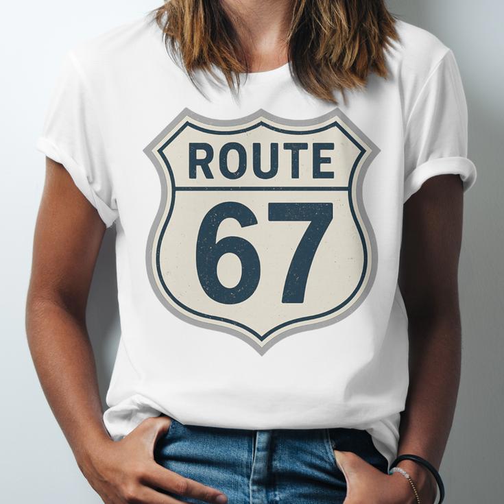 Retro Route 67 Highway Sign Vintage Road Nostalgia Premium Tri-Blend Unisex Jersey T-Shirt