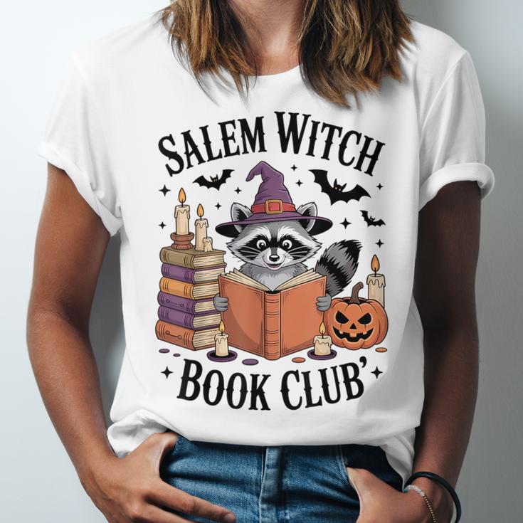 Salem WItch Book Club Halloween Raccoon Witch Reading Book Unisex Jersey T-Shirt