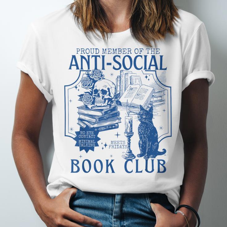 Sarcastic Anti Social Book Club Cat Skull Book Lover Unisex Jersey T-Shirt Sarcastic Anti Social Book Club Cat Skull Book Lover Unisex Jersey T-Shirt