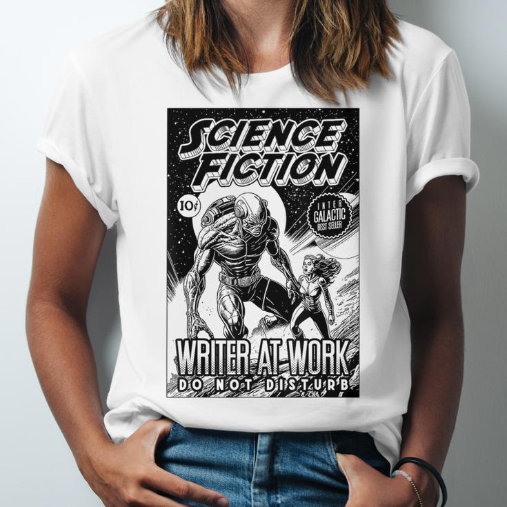 Science Fiction Writer At Work Vintage Book Cover Unisex Jersey T-Shirt