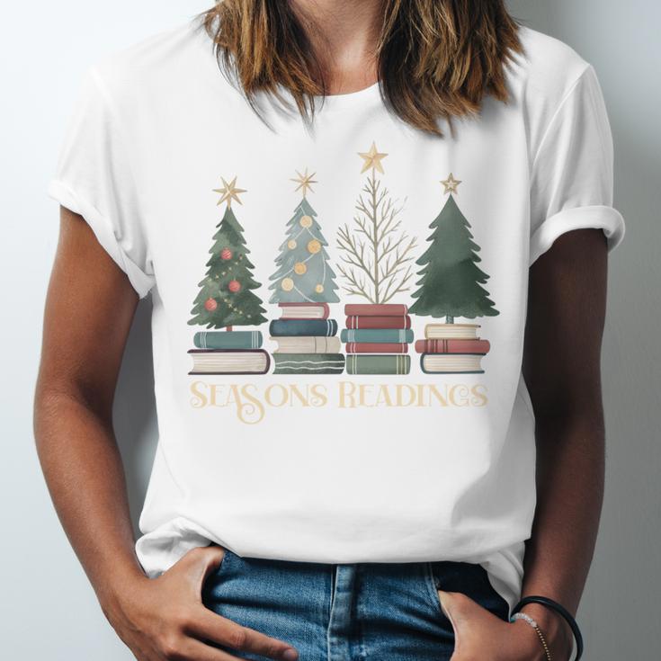 Seasons Readings Christmas Tree Book Lover Unisex Jersey T-Shirt Seasons Readings Christmas Tree Book Lover Unisex Jersey T-Shirt