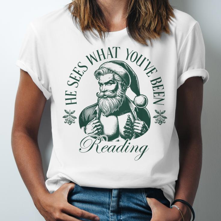 He Sees What You'Ve Been Reading Bookish Christmas Unisex Jersey T-Shirt