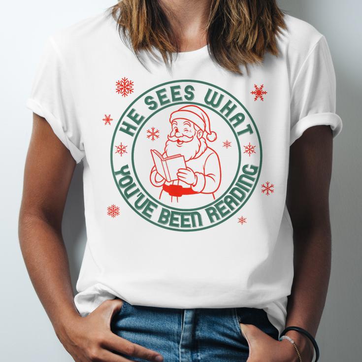 He Sees What You'Ve Been Reading Christmas Book Lover Shirt Unisex Jersey T-Shirt He Sees What You'Ve Been Reading Christmas Book Lover Shirt Unisex Jersey T-Shirt