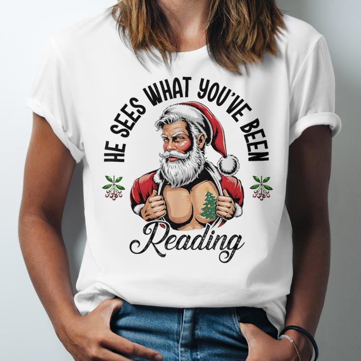 He Sees What You'Ve Been Reading Santa Xmas Book Lover Unisex Jersey T-Shirt