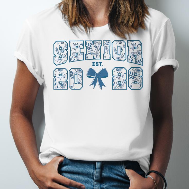 Senior 26 Graduation Class Of 2026 Bow Blue Toile Floral Unisex Jersey T-Shirt