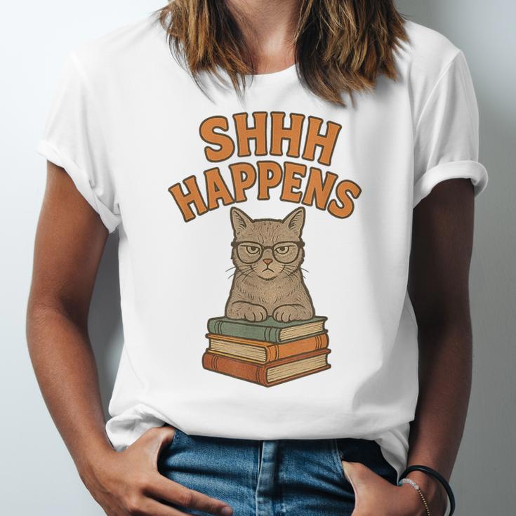 SHHH Happens Librarian Cat Books Library Unisex Jersey T-Shirt