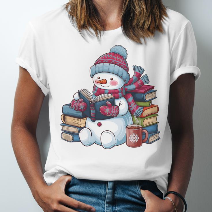 Snowman Reading Book Lovers Christmas Bookworm Librarian Unisex Jersey T-Shirt