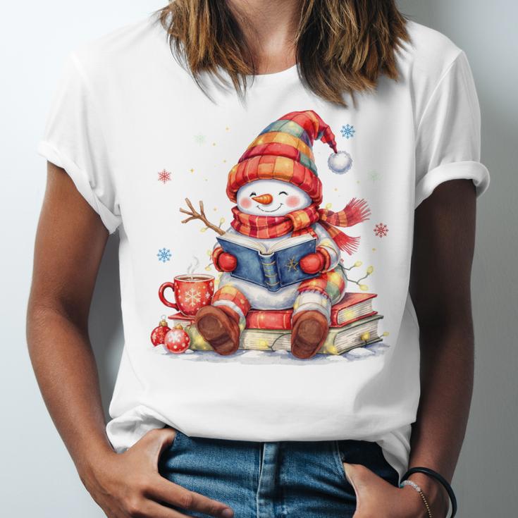 Snowman Reading Books Lovers Christmas Librarian Bookworm Unisex Jersey T-Shirt