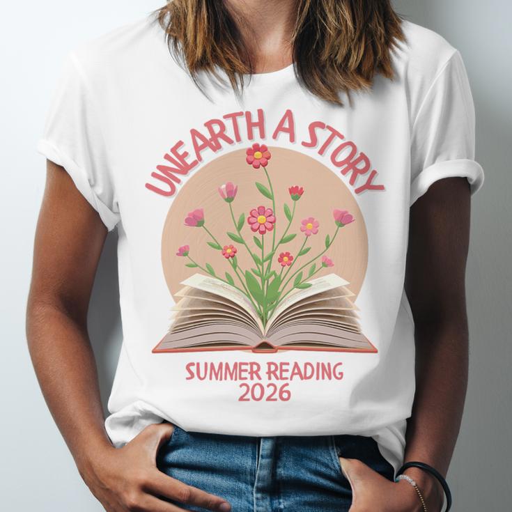 Unearth a Story 2026 Summer Reading Program Flowers Book Premium Tri-Blend Unisex Jersey T-Shirt