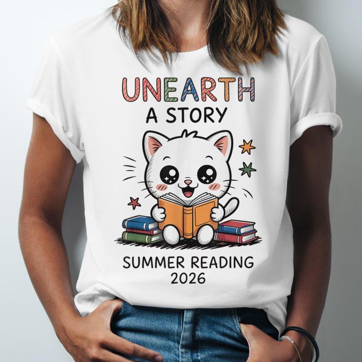 Unearth a Story Cute Kitten Summer Reading 2026 Cat Book Unisex Jersey T-Shirt Unearth a Story Cute Kitten Summer Reading 2026 Cat Book Unisex Jersey T-Shirt