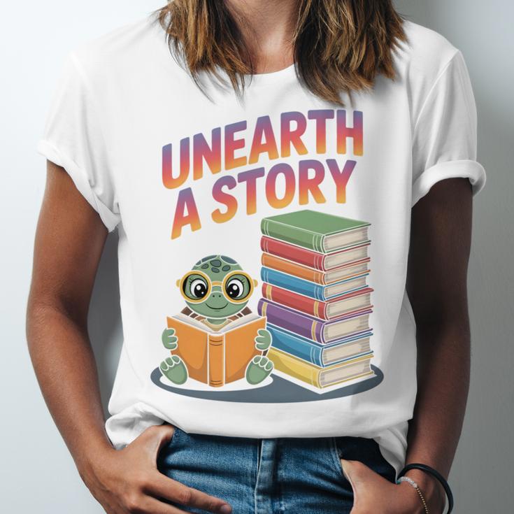 Unearth A Story Cute Turtle Reading Books Librarian Unisex Jersey T-Shirt Unearth A Story Cute Turtle Reading Books Librarian Unisex Jersey T-Shirt