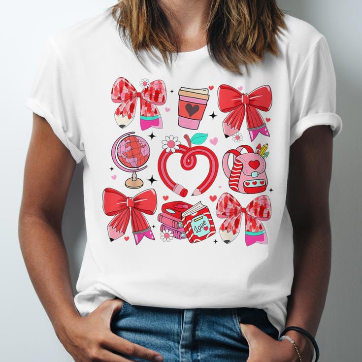 Valentine Teacher Coquette Bow Pencil Heart Book Girl Women Unisex Jersey T-Shirt