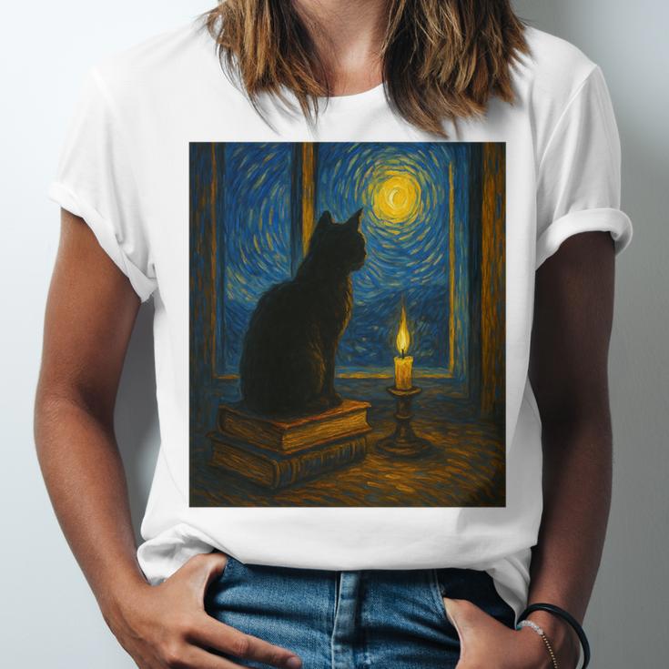 Van Gogh Starry Night Art Cat And Book Lovers Premium Tri-Blend Unisex Jersey T-Shirt