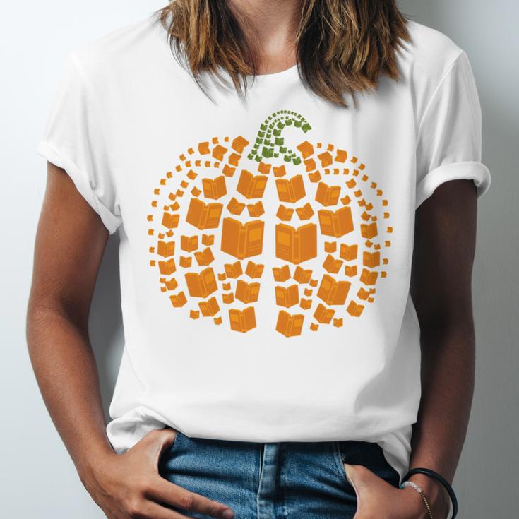 Vintage Book Pumpkin Autumn Fall Librarians Bookworm Teacher Unisex Jersey T-Shirt