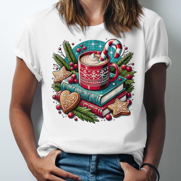 Vintage Cozy Winter Hot Cocoa Books Gingerbread Book Lovers Unisex Jersey T-Shirt