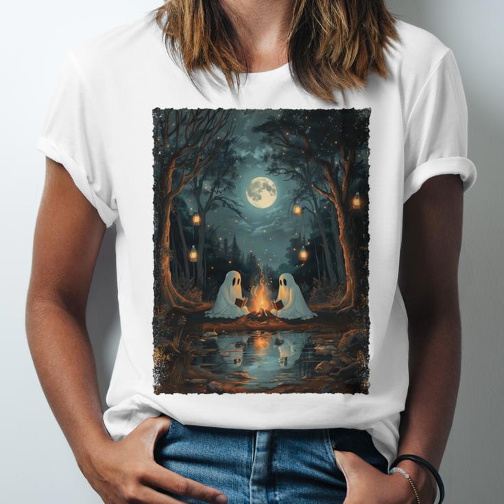 Vintage Ghost Book Reading Camping Gothic Halloween Teachers Unisex Jersey T-Shirt