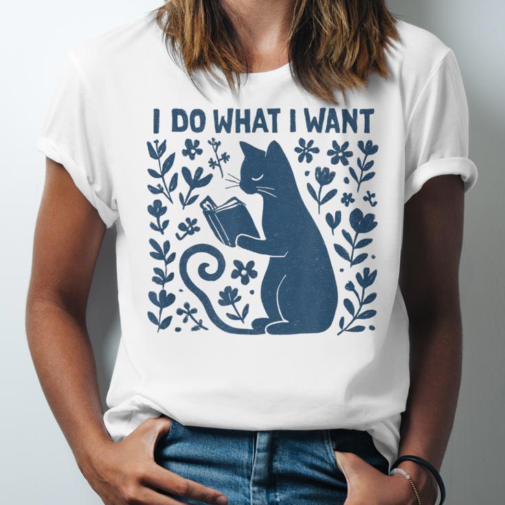 I Do What I Want Cat Reading Book Boho Flowers Vintage Unisex Jersey T-Shirt