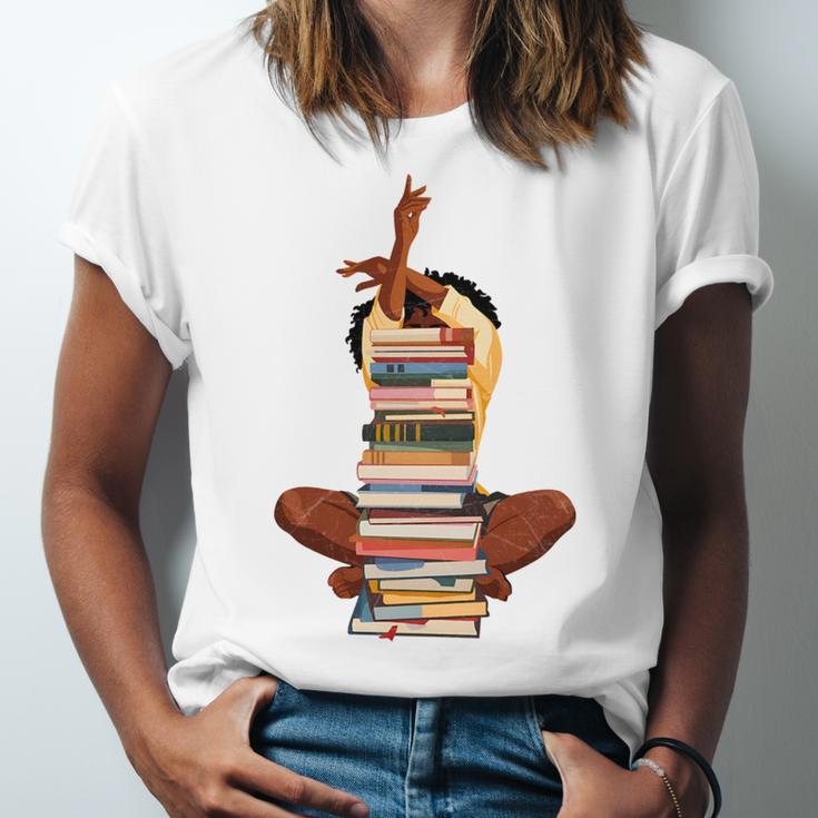 Woman And Books Stack Afro Girl Book Lover Unisex Jersey T-Shirt Woman And Books Stack Afro Girl Book Lover Unisex Jersey T-Shirt