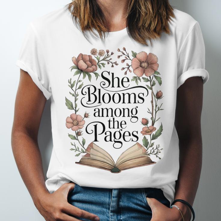 Women's She Blooms Among The Pages Women Mom Wife Floral Book Lover Unisex Jersey T-Shirt