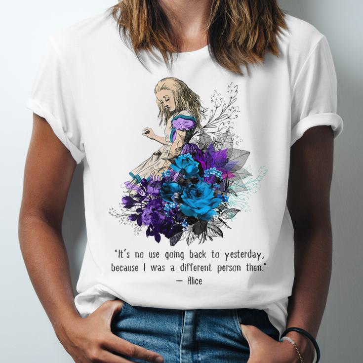 Women's Vintage Book Quote It’s No Use Going Back To Yesterday Unisex Jersey T-Shirt Women's Vintage Book Quote It’s No Use Going Back To Yesterday Unisex Jersey T-Shirt