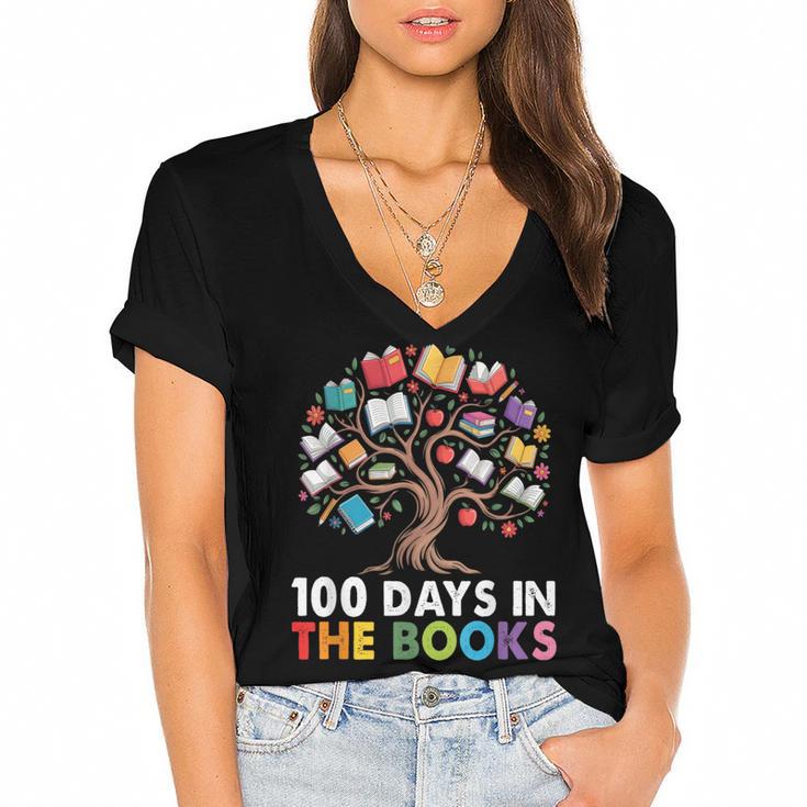 100 Days In The Books Reading Teachers Librarians School Women's Jersey Short Sleeve Deep V-Neck Tshirt				