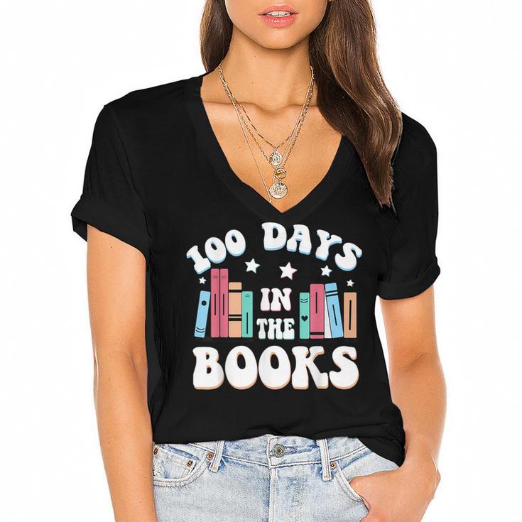 100 Days In The Books School Reading Celebration Women's Jersey Short Sleeve Deep V-Neck Tshirt				