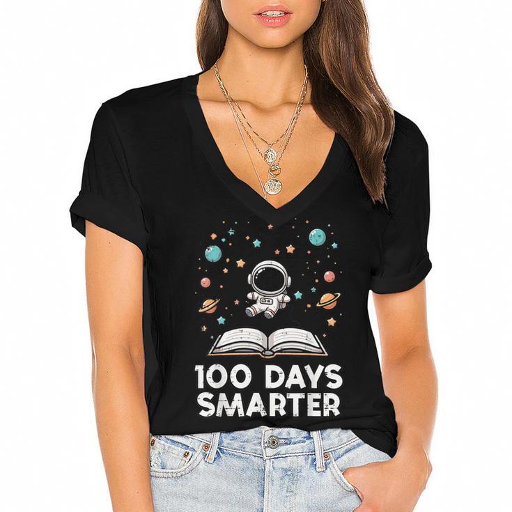 100 Days Smarter Astronaut Book 100th Day Girls Kids Women Women's Jersey Short Sleeve Deep V-Neck Tshirt
