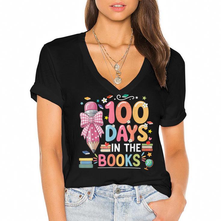 100th Day Of School Teacher Floral 100 Days In The Books Women's Jersey Short Sleeve Deep V-Neck Tshirt				