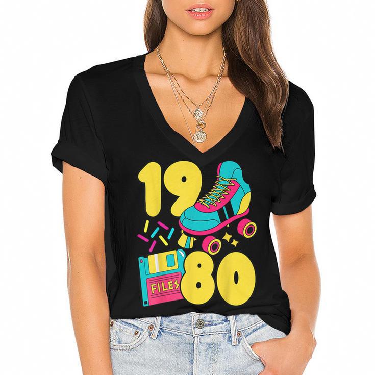 1980 Retro Raised In The 80s Old School Nostalgia Vibes Women's Jersey Short Sleeve Deep V-Neck Tshirt				