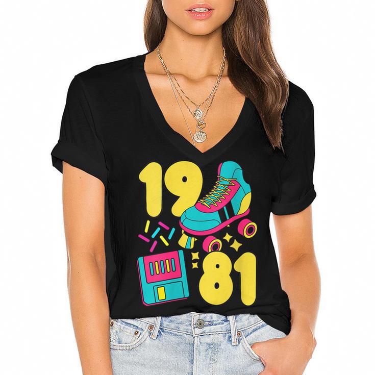 1981 Retro Raised In The 80s Old School Nostalgia Vibes Women's Jersey Short Sleeve Deep V-Neck Tshirt