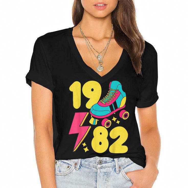 1982 Retro Raised In The 80s Old School Nostalgia Vibes Women's Jersey Short Sleeve Deep V-Neck Tshirt