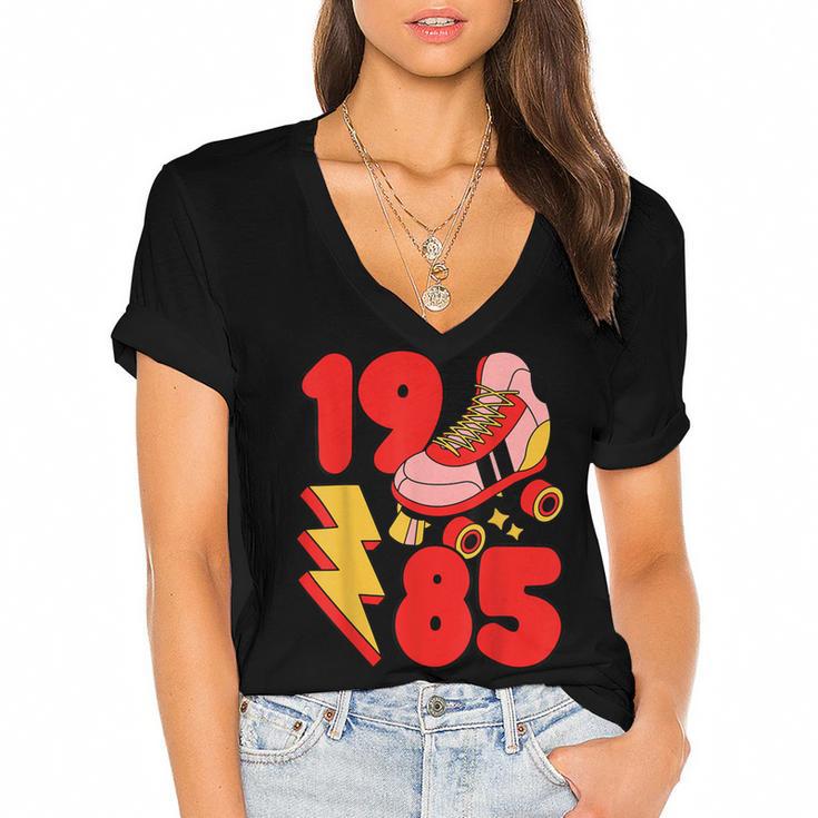 1985 Retro Roller Skate Vintage 80s Nostalgia Collector Women's Jersey Short Sleeve Deep V-Neck Tshirt 1985 Retro Roller Skate Vintage 80s Nostalgia Collector Women's Jersey Short Sleeve Deep V-Neck Tshirt