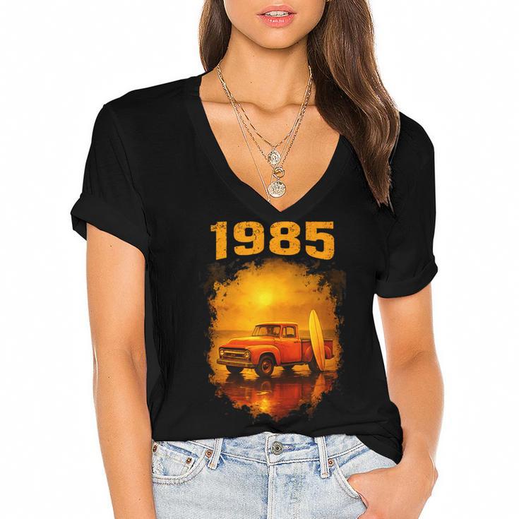 1985 Vintage Sunset Surf Truck Retro Beach Nostalgia Women's Jersey Short Sleeve Deep V-Neck Tshirt