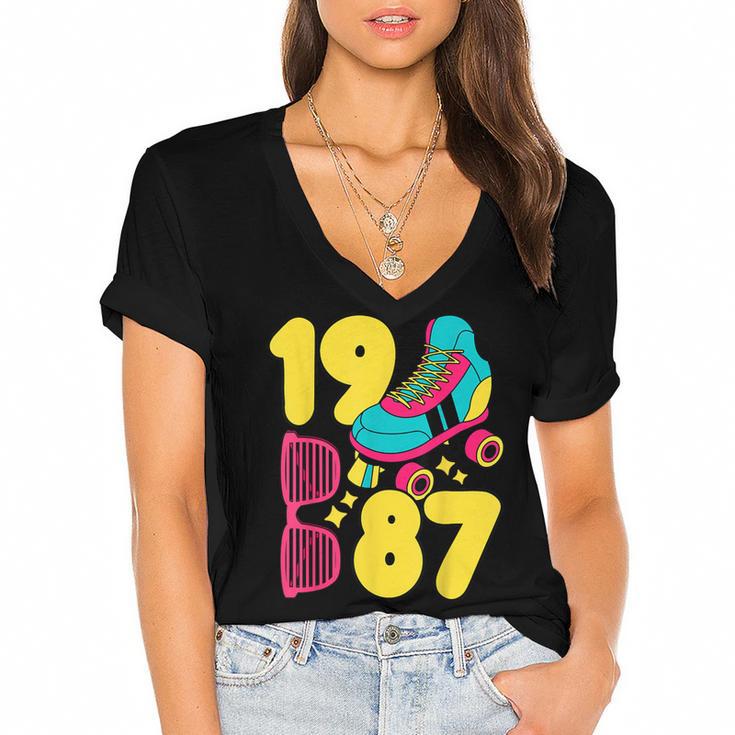 1987 Retro Raised In The 80s Old School Nostalgia Vibes Women's Jersey Short Sleeve Deep V-Neck Tshirt				