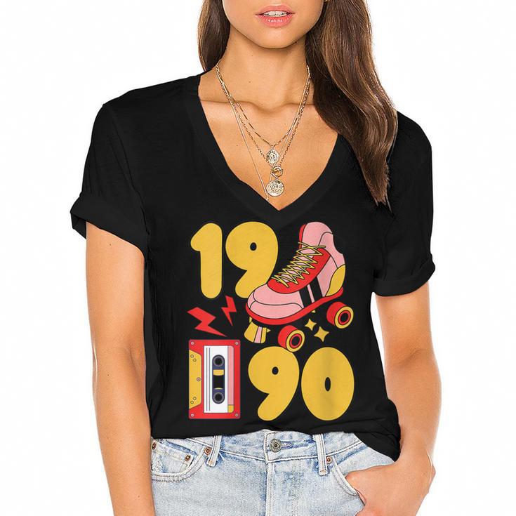 1990 Retro Raised On 90s Music Old School Nostalgia Punk Women's Jersey Short Sleeve Deep V-Neck Tshirt				
