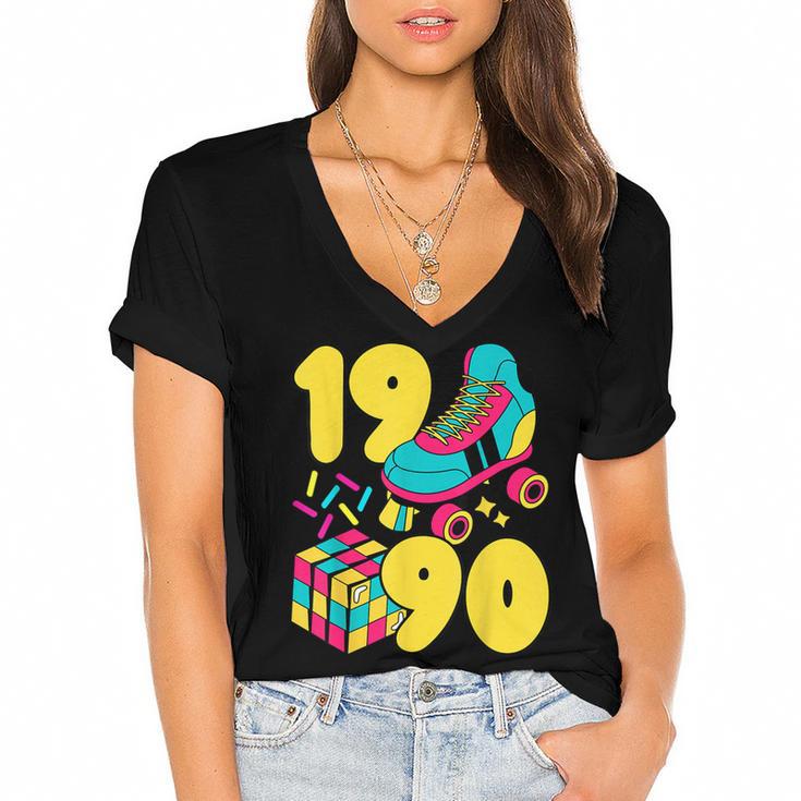 1990 Retro Raised In The 90s Old School Nostalgia Vibes Women's Jersey Short Sleeve Deep V-Neck Tshirt